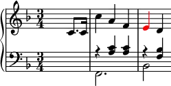 
\header {tagline = ##f}
upper = \relative c' {
  \clef treble
  \key f \major
  \time 3/4
  \tempo 4 = 92
  s2 c8. c16 c'4 a f \tweak NoteHead.color #red \tweak Stem.color #red e d }
lower = \relative c' {
  \clef bass
  \key f \major
  \time 3/4
       <<
         {
           \voiceOne
           s2. r4 <a c> <a c> r <f bes>
         }
         \new Voice {
           \voiceTwo
           s2. f, bes2
         }
       >>
}
\score {
  \new PianoStaff <<
    \new Staff = "upper" \upper
    \new Staff = "lower" \lower
  >>
  \layout {
    \context {
      \Score
      \remove "Metronome_mark_engraver"
    }
  }
  \midi { }
}

