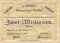 2-Millionen-Mark-Schein der Stadt Waldsee – Vorderseite