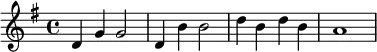 {\set Staff.midiInstrument = #"celesta" \key g \major d' g' g'2 d'4 b'4 b'2 d''4 b'4 d''4 b'4 a'1}