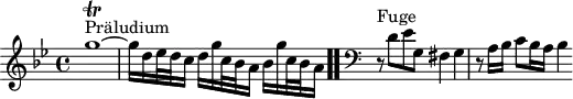 \version "2.18.2"
\header {
tagline = ##f
}
\score {
\new Staff \with {
%fontSize = #-2
}
<<
\relative c'' {
\key g \minor
\time 4/4
%% INCIPIT CBT I-16, BWV 861, sol mineur
s4*0^\markup{Präludium} g'1~\trill g16 d ees32 d c16 d g c,32 bes a16 bes16 g' c,32 bes a16
\bar ".."
\skip 8*1
%\once \override Staff.Clef.full-size-change = ##t
\override Staff.Clef.extra-offset = #'( -1 . 0 )
\clef bass
\partial 1
\relative c
r8^\markup{Fuge} d,8 ees g, fis4 g r8 a16 bes c8 bes16 a bes4
}
>>
\layout {
\context { \Score \remove "Metronome_mark_engraver"
\override SpacingSpanner.common-shortest-duration = #(ly:make-moment 1/2)
}
}
\midi {}
}