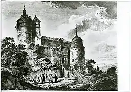 Ansicht des Hauptzugangs mit Schösserturm (rechts) und Johannis/Coselturm (links)