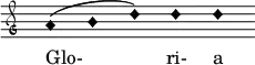  { \clef "petrucci-g" \override Staff.TimeSignature #'stencil = ##f \set Score.timing = ##f \override Voice.NoteHead #'style = #'harmonic-black  a'1 (b'1 d''1) d''1 d''1 } \addlyrics { Glo- ri- a } 