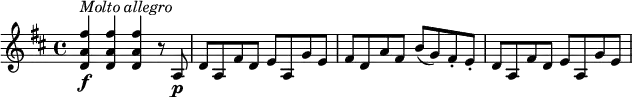 
\relative c' {
  \version "2.18.2"
  \key d \major
  <d a' fis'>4\f^\markup { \italic { Molto allegro} } q q r8 a\p |
  d8 a fis' d e a, g' e |
  fis8 d a' fis b( g) fis-. e-. |
  d8 a fis' d e a, g' e |
}
