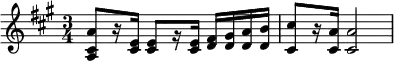 {\key a \major \time 3/4 <a cis' a'>8[ r16 <cis' e'>] <cis' e'>8[ r16 <cis' e'>] <d' fis'>16 <d' gis'> <d' a'> <d' b'> <cis' cis''>8[ r16 <cis' a'>] <cis' a'>2}