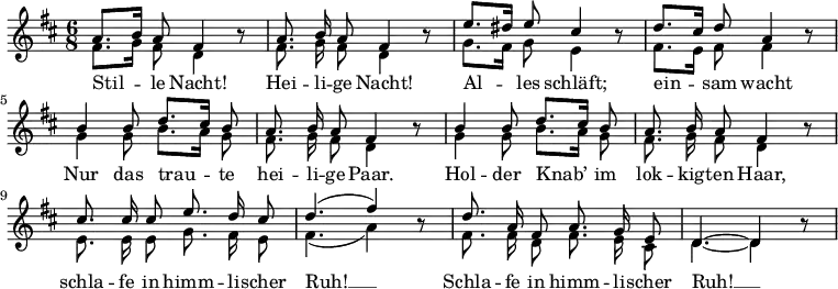 
<<
\new Staff <<
  \new Voice="melody" \relative c'' {
    \autoBeamOff
\tempo 4 = 60 \set Score.tempoHideNote = ##t
    \voiceOne
    \language "deutsch"
    \key d \major
    \time 6/8
    a8. [ h16 ] a8 fis4 h8\rest
    a8. h16 a8 fis4 h8\rest
    e8. [ dis16 ] e8 cis4 h8\rest
    d8. [ cis16 ] d8 a4 h8\rest
    h4 h8 d8. [ cis16 ] h8
    a8. h16 a8 fis4 h8\rest
    h4 h8 d8. [ cis16 ] h8
    a8. h16 a8 fis4 h8\rest
    cis8. cis16 cis8 e8. d16 cis8
    d4. ( fis4 ) h,8\rest
    d8. a16 fis8 a8. g16 e8
    d4.~ d4 h'8\rest
  }

  \new Voice \relative c' {
    \voiceTwo
    \autoBeamOff
    %\omit "Rest_engraver"
    fis8. [ g16 ] fis8 d4 s8
    fis8. g16 fis8 d4 s8
    g8. [ fis16 ] g8 e4 s8
    fis8. [ e16 ] fis8 fis4 s8
    g4 g8 h8. [ a16 ] g8
    fis8. g16 fis8 d4 s8
    g4 g8 h8. [ a16 ] g8
    fis8. g16 fis8 d4 s8
    e8. e16 e8 g8. fis16 e8
    fis4. ( a4 ) s8
    fis8. fis16 d8 fis8. e16 cis8
    d4.~ d4
  }
>>

\new Lyrics \lyricsto "melody" {
  Stil -- le Nacht! Hei -- li -- ge Nacht!
  Al -- les schläft; ein -- sam wacht
  Nur das trau -- te hei -- li -- ge Paar.
  Hol -- der Knab’ im lok -- kig -- ten Haar,
  schla -- fe in himm -- li -- scher Ruh! __
  Schla -- fe in himm -- li -- scher Ruh! __
}
>>
