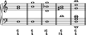 \new PianoStaff <<
\new Staff {
\override Staff.TimeSignature.transparent = ##t
\new Voice = "right" {
\relative c'' { \clef treble <g b>1 \bar "||" <b g'> \bar "||" <d, bes' g'> \bar "||" <gis b> \bar "||" <g d' b'> \bar "||"
}
}
}
\new Staff {
\override Staff.TimeSignature.transparent = ##t
\new Voice = "left" {
\relative c { \clef "bass" d1 d d d' <d,, d' g b d>
}
}
}
\new FiguredBass {
\figuremode { <6 4>1 <6 4> <6- 4> <6 4+> <6 4>
}
}
>>