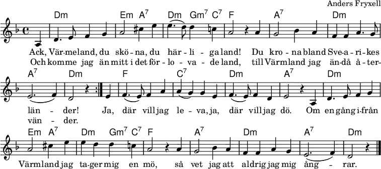 
\header { arranger = "Anders Fryxell" tagline = ##f }
\layout { indent = 0 \context { \Score \remove "Bar_number_engraver" } }
global = { \key d \minor \time 4/4 \partial 4 }

chordNames = { \set Staff.midiInstrument = "acoustic guitar (nylon)" \chordmode { \global \set chordChanges = ##t
  \repeat volta 2 { s4 | d,2:m\pp d,2:m | e,2:m a,2:7 | d,:m g,4:m7 c,:7 | f,2 s2 |
  a,2:7 a,2:7 | d,:m d,:m | a,:7 a,:7 | d,2:m s4 }
  s4 | f,2 f,2 | c,:7 c,:7 | d,:m d,:m | a,2:7 s2
  d,:m d,:m | e,2:m a,:7 | d,:m g,4:m7 c,:7 | f,2 s2
  a,2:7 a,2:7 | d,:m d,:m | a,:7 a,:7 | d,2:m s4 \bar "|."
} }

sopranoVoice = \relative c' { \global
  \repeat volta 2 { \partial 4 a4 | d4. e8 f4 g | a2 cis4 e | e4.( d8) d4 c! | a2 r4
  a4 | g2 bes4 a | f f a4. g8 | e2. (f4) | d2 r4 }
  e4 | f4. (e8) f4 a | a( g) g e | f4. (e8) f4 d | e2 r4
  a, | d4. e8 f4 g | a2 cis4 e | e4 d d c! | a2 r4
  a4 | g2 bes4 a | f f a g | e2. (f4) | d2 r4 \bar "|."
}

verse = \lyricmode {
  Ack, Vär -- me -- land, du skö -- na, du här -- li -- ga land!
  Du kro -- na bland Sve -- a -- ri -- kes län -- der!
  Ja, där vill jag le -- va, ja, där vill jag dö.
  Om en gång i -- från Värm -- land jag ta -- ger mig en mö,
  så vet jag att al -- drig jag mig ång -- rar.
}
verseR = \lyricmode {
  Och kom -- me jag än mitt_i det för -- lo -- va -- de land,
  till Värm -- land jag än -- då å -- ter -- vän -- der.
}

chordsPart = \new ChordNames \chordNames
sopranoVoicePart = \new Staff \with { midiInstrument = "flute" }
  { \sopranoVoice }
  \addlyrics { \verse }
  \addlyrics { \verseR }

\score {
  << \chordsPart \sopranoVoicePart >>
  \layout { }
}
\score { \unfoldRepeats { << \chordNames \\ \sopranoVoicePart >> }
  \midi { \tempo 4=108 }
}
