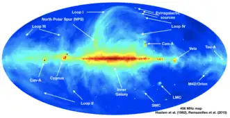 Eine radioastronomische Himmelsdurchmusterung zeigt prominent den Vela-­Supernovaüberrest.