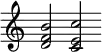  {
   \new Staff \with { \remove "Time_signature_engraver" } {\cadenzaOn \clef violin \key c \major  << { d'2} {f'2 } { b'2 } >> << {c'2} {e'2} {c''2} >> }
 }
