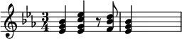 {\set Staff.midiInstrument = #"Orchestral Harp" \key es \major \time 3/4 <es' g' bes'>4 <es' g' c'' es''> r8 <f' bes' d''>8 <es' g' bes'>4 \skip2}