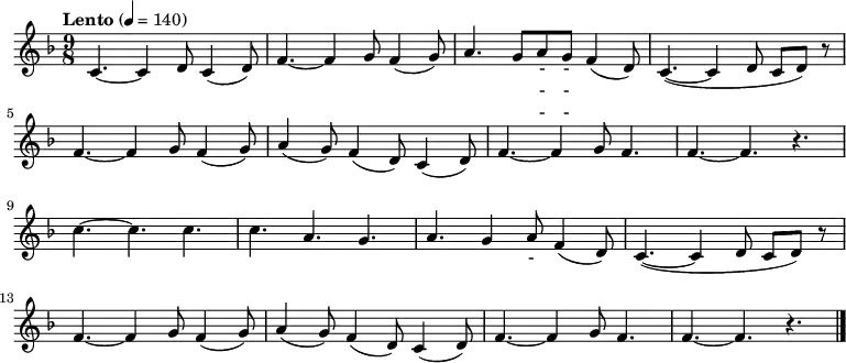
\relative c' { \key f \major \time 9/8 \tempo "Lento" 4 = 140 \set Staff.midiInstrument = #"violin"
c4. ~ c4 d8  c4 ( d8 ) | f4. ~ f4 g8  f4 ( g8 ) | a4. g8 a g f4 ( d8 ) | c4. ~ ( c4 d8 c d ) r8 |\break
f4. ~ f4 g8  f4 ( g8 ) | a4 ( g8 ) f4 ( d8 ) c4 ( d8 ) | f4. ~ f4 g8 f4.| f4. ~ f4. r4. |\break
c'4. ~ c c | c4. a4. g4. | a4. g4 a8 f4 ( d8 ) | c4. ~ ( c4  d8 c d ) r8 |\break
f4. ~ f4 g8  f4 ( g8 ) | a4 ( g8 ) f4 ( d8 ) c4 ( d8 ) | f4. ~ f4 g8 f4.| f4. ~ f4. r4. \bar "|."}
\addlyrics {
아 리 랑 아 리 랑 아 라 - - 리 요
아 리 랑 고 개 로 넘 어 간 다
나 를 버 리 고 가 시 는 임 은
십 리 도 못 가 서 발 병 난 다}
\addlyrics {
아 리 랑 아 리 랑 아 라 - - 리 요
아 리 랑 고 개 로 넘 어 간 다
청 천 하 늘 엔 별 도 - 많 고
우 리 네 가 슴 엔 꿈 도 많 다}
\addlyrics {
아 리 랑 아 리 랑 아 라 - - 리 요
아 리 랑 고 개 로 넘 어 간 다
저 기 저 산 이 백 두 산 이라 지
동 지 섣 달 에 도 꽃 만 핀 다}
