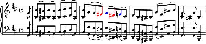 
\version "2.14.2"
\header {
  tagline = ##f
}
upper = \relative c'' {
  %\set Score.currentBarNumber = #44
  \clef treble 
  \key b \minor
  \time 4/4
  \tempo 4 = 85

<< { \partial 8 fis,8\p | <b, b'>( <ais ais'>) <b b'>( <ais ais'>) | <b b'>( <cis cis'>) <d d'>( <ais ais'>) | <b b'> g'( fis \tweak NoteHead.color #red \tweak Stem.color #red \tweak Accidental.color #red eis) \tweak NoteHead.color #blue \tweak Stem.color #blue \tweak Accidental.color #blue fis( \tweak NoteHead.color #red \tweak Stem.color #red \tweak Accidental.color #red dis) \tweak NoteHead.color #blue \tweak Stem.color #blue e( cis) | d b ais b g'( e) ais( b) | fis4. fis8 b,4 }
   \\
   { \partial 8 s8 | s1 s1 s1 <b d>4 <ais cis> b }
>>
}

lower = \relative c {
  \clef bass
  \key b \minor
  \time 4/4
  \tempo 4 = 85

{ \partial 8 <fis fis,>8 | b,( ais) b( ais) | b( cis) d( ais) | b <g g'>( <fis' fis,> <eis eis,>) <fis fis,>( <dis dis,>) <e e,>( <cis cis,>) | <d d,> <b b,> <ais ais,> <b b,> <g g'>( <e e'>) <ais ais'>( <b b'>) | <fis fis'>4. <fis fis'>8 <b, b'>4 }

}

\paper { indent = 0 }
\score {
    \new PianoStaff <<
      \new Staff = "upper" \upper
      \new Staff = "lower" \lower
    >>
  \layout {
    \context {
      \Score
      \remove "Metronome_mark_engraver"
    }
  }
  \midi { }
}
