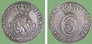 Vier Mark von Christian V. von 1671.