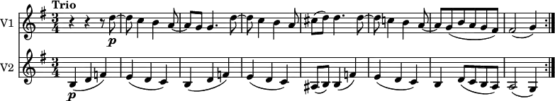 
<<
\new Staff \with { instrumentName = #"V1 "}  \relative c'' {
    \version "2.18.2"
    \key g \major 
    \tempo "Trio"
    \tempo 4 = 100
    \time 3/4
  r4 r r8 d8 \p ~ d c4 b a8 ~ a g
  g4. d'8 ~ d c4 b a8
  cis (d) d4. d8 ~ d
  c!4 b a8 ~ a
  g (b a g fis)
  fis2 (g4)  \bar ":|."
}
\new Staff \with { instrumentName = #"V2 "}  
 \relative c'' {
    \key g \major 
    \clef "treble"
    \time 3/4
   b,4  \p (d f)
   e (d c)
   b (d f)
   e (d c)
   ais8 (b) b4 (f')
   e (d c)
   b d8 (c b a)
   a2 (g4)  \bar ":|."
}
>>
