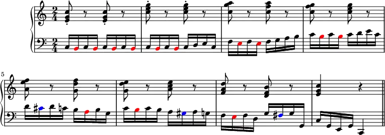 
\header {tagline = ##f}

upper = \relative c' {
  \clef treble
  \key c \major
  \time 2/4
  \tempo 4 = 96
  <e g c>8-. r <e g c>-. r <c' e g>-. r <c e g>-. r <c g' a> r <c f a> r <c f g> r <c e g> r <a e' f> r <g d' f> r <g d' e> r <a c e> r <f a d> r <d f b> r <e g c>4 r \bar "||" }
lower = \relative c {
  \clef bass
  \key c \major
  \time 2/4
  c16 \tweak NoteHead.color #red b c \tweak NoteHead.color #red b c \tweak NoteHead.color #red b c \tweak NoteHead.color #red b c \tweak NoteHead.color #red b c \tweak NoteHead.color #red b c d e c f \tweak NoteHead.color #red e f \tweak NoteHead.color #red e f g a b c \tweak NoteHead.color #red b c \tweak NoteHead.color #red b c d e c d \tweak NoteHead.color #blue cis d c b \tweak NoteHead.color #red a b g c \tweak NoteHead.color #red b c b a \tweak NoteHead.color #blue gis a g f \tweak NoteHead.color #red e f d g \tweak NoteHead.color #blue fis g g, c g e g c,4 }

\score {
  \new PianoStaff <<
    \new Staff = "upper" \upper
    \new Staff = "lower" \lower
  >>
  \layout {
    \context {
      \Score
      \remove "Metronome_mark_engraver"
    }
  }
  \midi { }
}
