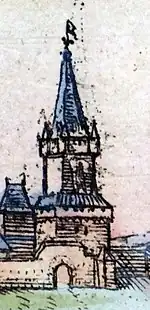 Neuturm nach Braun / Novellanus / Hogenberg vor 1574; im Vordergrund die Goldene Pforte