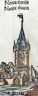 Neuturm bei Sebastian Münster (ca. 1550) – mit Ritter; im Vordergrund die Goldene Pforte
