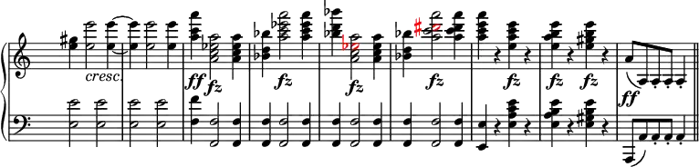 
\new PianoStaff <<
   \new Staff <<
    \set Score.tempoHideNote = ##t
    \tempo 2 = 88
    \override Staff.TimeSignature.transparent = ##t
         \relative c''
         { \override DynamicTextSpanner.style = #'none \crescTextCresc
<e gis> <e e'>2\< <e e'>4 ~ <e e'> <e e'>2 <e e'>4 <a c a'>\ff <a, c es a>2\fz <a c es a>4 <bes d bes'> <a' c es a>2\fz <a c es a>4 <bes d bes'> <a, c \tweak NoteHead.color #red \tweak Accidental.color #red es a>2\fz <a c es a>4 <bes d bes'> <a' c \tweak NoteHead.color #red \tweak Accidental.color #red dis a'>2\fz <a c dis a'>4 <a c e a > r <e a c e>\fz r <e a b e>\fz r <e gis b e>\fz r a,8\ff ( a,) a-. a-. a4-. \bar "||" }
          >>

    \new Staff <<
           \override Staff.TimeSignature.transparent = ##t
              \clef "bass"
              \relative c { <e e'>2 <e e'> <e e'> <e e'> <f f'>4 <f, f'>2 <f f'>4 <f f'> <f f'>2 <f f'>4 <f f'> <f f'>2 <f f'>4 <f f'> <f f'>2 <f f'>4 <e e'> r <e' a c e> r <e a b e> r <e gis b e> r a,,8 ( a') a-. a-. a4-. }
     >>
 >>
