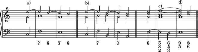 \new PianoStaff <<
<< % wegen Generalbass
\new Staff <<
\set Score.tempoHideNote = ##t
\tempo 4 = 160
\override Staff.TimeSignature.transparent = ##t
<<
\new Voice = "first"
\relative c''
{ \voiceOne s2 e^"a)" ~ e d ~ d c \bar "||" s e^"b)" ~ e d ~ d c \bar "||" s2 <c e> <b f'>1^"c)" ~ <b f'>2^"d)" <c e> \bar "||"}
\new Voice = "second"
\relative c''
{ \voiceTwo s2 g a1 g s2 g a b g a s2 g g1 g }
>>
>>
\new Staff <<
\override Staff.TimeSignature.transparent = ##t
\clef "bass"
\relative c { s2 c f1 e s2 c f b, e a, s2 e' ~ e2 d e1}
>>
>>
\new FiguredBass {
\figuremode { <_>1 <7>2 <6> <7> <6> <_>1 <7>2 <_> <7> <_> <_> <6> <5 3 2> <6 4 3> <9 5> <8 6>}
}
>> % wegen Generalbass