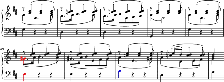 
\version "2.14.2"
\header {
  tagline = ##f
}
upper = \relative c'' {
  \override Score.TimeSignature.stencil=##f
  \set Score.currentBarNumber = #44
  \clef treble 
  \key d \major
  \time 3/4
  \tempo 4 = 120

<< { r8 <b d>4-.-( <b d>-. <b d>8-.-) | r8 <c d>4-.-( <c d>-. <c d>8-.-) | r8 <c d>4-.-( <c d>-. <c d>8-.-) | r8 <b d>4-.-( <b d>-. <b d>8-.-) | r8 <b d>4-.-( <b d>-. <b d>8-.-) | r8 <d e>4-.-( <d e>-. <d e>8-.-) | r8 <d e>4-.-( <d e>-. <d e>8-.-) | r8 <c e>4-.-( <c e>-. <c e>8-.-) |
         r8 c4-.-( <c d>-. <c d>8-.-) | <b d>4 }
   \\
   { g4( d4. g8) | fis8.( g16 a4. g8) | fis8.( g16 a8 d, e fis) | g4( d2) |
     g4( d4. g8) | \tweak NoteHead.color #red \tweak Stem.color #red \tweak Accidental.color #red gis8.( a16 b4. a8) | gis8.( a16 b8 e, fis gis) |
     a4( e4. gis8) | a4( d, e8 fis) | g4 }
   \\ 
   { s2. s2. s2. s2. s2. s2. s2. s2. | r8 es'( d) s4. | s4 }
>>
}

lower = \relative c {
  \override Score.TimeSignature.stencil=##f
  \clef bass
  \key d \major
  \time 3/4
  \tempo 4 = 120

{ g'4 r r d r r d r r g, r r g' r r \tweak NoteHead.color #red \tweak Stem.color #red \tweak Accidental.color #red e r r e r r \tweak NoteHead.color #blue \tweak Stem.color #blue \tweak Accidental.color #blue a r r d, r r g }

}

%\addlyrics { \once \override LyricText.self-alignment-X = #1 G-Dur:_I V – I – \once \override %LyricText.self-alignment-X = #1 a-Moll:_V – I \once \override LyricText.self-alignment-X = #1 G-Dur:_V I }

\paper { indent = 0 }
\score {
    \new PianoStaff <<
      \new Staff = "upper" \upper
      \new Staff = "lower" \lower
    >>
  \layout {
    \context {
      \Score
      \remove "Metronome_mark_engraver"
    }
  }
  \midi { }
}
