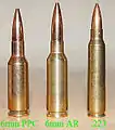 Größenvergleich mit der 6 mm AR und der .223 Remington
