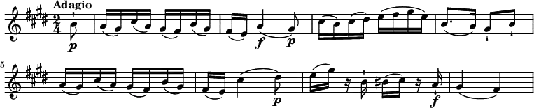 
\relative c' {
   \version "2.18.2"
   \key e \major
   \time 2/4
   \tempo "Adagio"
   \tempo 4 = 60
\partial 8 b'8-!\p
a16 (gis) cis (a) gis (fis) b (gis)
fis (e) a4\f (gis8)\p
cis16 (b) cis (dis) e (fis gis e)
b8. (a16) gis8-! b-!
a16 (gis) cis (a) gis (fis) b (gis)
fis (e) cis'4 (dis8\p)
e16 (gis) r16 b,16-! bis (cis) r16 a16-!\f
gis4 (fis)
}
