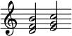  {
   \new Staff \with { \remove "Time_signature_engraver" } {\cadenzaOn \clef violin \key c \major  << { d'2} {f'2 } { b'2 } >> << {e'2} {g'2} {c''2} >> }
 }
