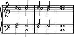  {
 \new PianoStaff << 
   \new Staff \with { \remove "Time_signature_engraver" } { \clef violin \key c \major << { d''2 } \\ { c''2 } >> << { e''2 } \\ { c''2 } >> << { d''2 } \\ { c''2 } >> << { d''2 } \\ { b'2 } >> << { e''1 } \\ { c''1 } >> }
   \new Staff \with { \remove "Time_signature_engraver" } { \clef bass   \key c \major << { a2  } \\ { f2  } >> << { g2  } \\ { c2  } >> << { a2  } \\ { f2  } >> << { g2  } \\ { g2  } >> << { g1  } \\ { c1  } >> } 
>> }