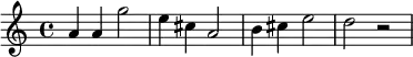 {\set Staff.midiInstrument = #"electric piano 1" a'4 a'4 g''2 e''4 cis''4 a'2 b'4 cis''4 e''2 d''2 r2}