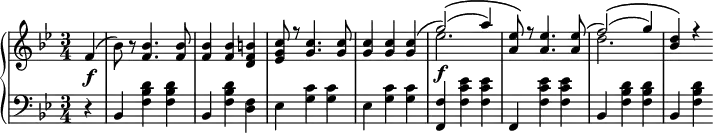 
 \relative c' {
  \new PianoStaff
<<
   \new Staff { \key g \minor \time 3/4 \partial 4 \set Score.tempoHideNote = ##t \tempo "" 2. = 64
 f4( bes8) r8
    <<
   {
     <f bes>4. <f bes>8 <f bes>4 <f bes> <d f b> <ees g c>8 r <g c>4. <g c>8 <g c>4 <g c> <g c>( g'2)(\( a4) <a, ees'>8\) r <a ees'>4. <a ees'>8( f'2)(\( g4) <bes, d>\) r
   }
    \\
   {
     s4. s8 s4 s s s8 s s4. s8 s4 s s ees2.\f s8 s s4. s8 d2.
   }
    >>
   }
   \new Dynamics {
    s\f
      }
   \new Staff { \key g \minor \time 3/4 \clef bass \partial4
      r4 bes,, <f' bes d> <f bes d> bes, <f' bes d> <d f> ees <g c> <g c> ees <g c> <g c> <f, f'> <f' c' ees> <f c' ees> f, <f' c' ees> <f c' ees> bes, <f' bes d> <f bes d> bes, <f' bes d>
   }
  >>
 }

