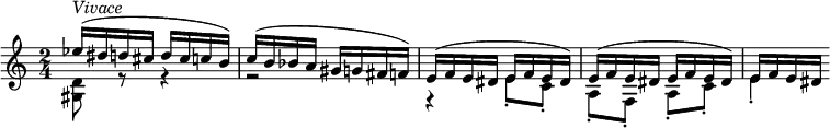 {
\set Score.tempoHideNote = ##t
\clef violin \key c \major \time 2/4 \tempo 4 = 200
  << { \voiceOne
    es''16(^\markup{\italic{Vivace}} dis'' d'' cis'' d'' cis'' c'' b')
    c''16( b' bes' a' gis' g' fis' f')
    e'( f' e' dis' e' f' e' dis')
    e'( f' e' dis' e' f' e' dis')
    e'( f' e' dis'
  }
  \new Voice { \voiceTwo
    <gis d'>8 r r4
    r2
    r4 e'8\staccato c'\staccato
    a8\staccato f\staccato a\staccato c'\staccato
    e'4\staccato
  } >> \oneVoice
}
