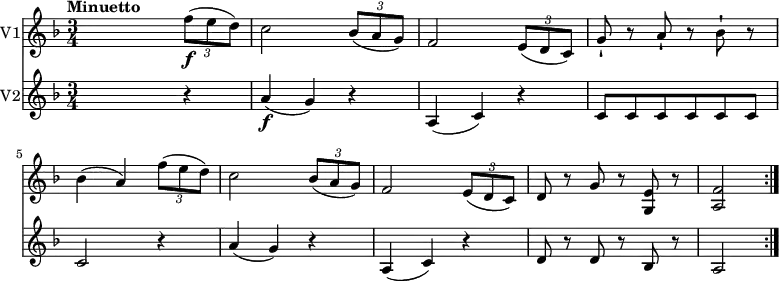 
<<
  \new Staff \with {
       instrumentName = #"V1"
     }
     \relative c'' { 
         \version "2.18.2"
         \clef "treble" 
         \tempo "Minuetto" 
         \key f \major
         \time 3/4
         \tempo 4 = 110
                s2  \tuplet 3/2 {f8\f (e d)} 
                c2 \tuplet 3/2 {bes8 (a g)} 
                f2  \tuplet 3/2 {e8 (d c)} 
                g'-! r8 a-! r8 bes8-! r8 
                bes4 (a) \tuplet 3/2 {f'8 (e d)} 
                c2 \tuplet 3/2 {bes8 (a g)} 
                f2 \tuplet 3/2 {e8 (d c)} 
               d8 r8 g8 r8 <g, e'>8 r8  
               <a f'>2 \bar ":|."
}
\new Staff \with {
         instrumentName = #"V2" }
\relative c'' { 
         \clef "treble" 
         \tempo "Andante" 
         \key f \major
         \time 3/4
           s2 r4
           a4\f (g) r4
           a, (c) r4
           c8 c c c c c
           c2 r4
            a'4 (g) r4
           a, (c) r4
           d8 r8 d8 r8 bes8 r8
           a2 \bar ":|."      
 }
>>
