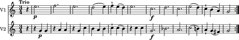 
<<
\new Staff \with { instrumentName = #"V1 "} \relative c'' {
    \version "2.18.2"
    \key c \major
    \tempo "Trio"
    \time 3/4
    \tempo 4 = 120
    \partial 4 r4
    e2.\p f e d2 (e4) f-! e (d) e2. c \f d c e2 (d4) c-! b (a) g2 \bar ":|."
}
\new Staff \with { instrumentName = #"V2 "} \relative c'' {
    \key c \major
    \time 3/4
     \partial 4 r4 r4 g \p g r4 a a r4 g c b a b c-! c (b) r4 c c
     g2. \f bes a c2 (b!4) a4-! g (fis) g2 \bar ":|."
}
>>
