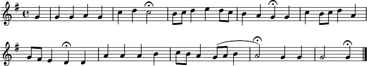 {
\clef treble \key g \major \tempo 4=80 \set Staff.midiInstrument = "english horn" \transposition c {
\set Score.tempoHideNote = ##t
\override Score.BarNumber #'transparent = ##t
\time 4/4
\relative
{ \partial 4 g' g4 g a g c4 d c2 \fermata b8 c d4 e d8 c b4 a g \fermata g c b8 c d4 a \break g8 fis e4 d \fermata d a' a a b c8 b a4 g8 (a b4 a2) \fermata g4 g g2 g4 \fermata \bar "|."}
}
}
