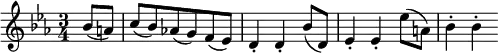  \relative bes' {
\key es \major \time 3/4
\partial 4 bes8( a) | c8( bes) as!( g) f( es)
d4-. d-. bes'8( d,) | es4-. es-. es'8( a,) | bes4-. bes-.
} 