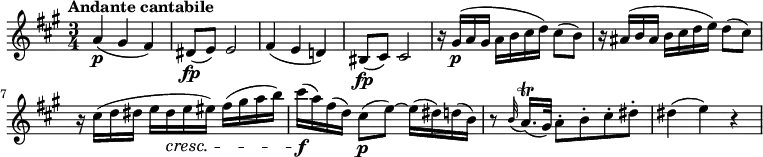 
\relative c'' {
  \version "2.18.2"
  \key a \major
  \time 3/4
  \tempo "Andante cantabile"
  \tempo 4 = 70
  a4\p  (gis fis)
  dis8\fp (e) e2
  fis4 (e d!)
  bis8\fp (cis) cis2
  r16 gis'\p (a gis a b cis d) cis8 (b)
  r16 ais (b ais b cis d e) d8 (cis)
  r16 cis (d dis e dis\cresc e eis) fis (gis a b)
  cis\f (a) fis (d) cis8\p (e) ~ e16 (dis) d (b)
  r8 \grace b32 (a16.)\trill (gis32) a8-. b-. cis-. dis-.
  dis4 (e) r

}
