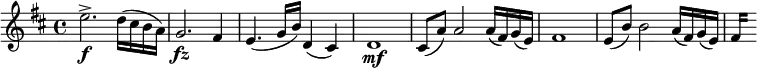  { \relative e'' { \key d \major \time 4/4
e2.-> \f d16( cis b a) | g2. \fz fis4 | e4.( g16 b) d,4( cis) | d1 \mf |
cis8( a') a2 a16( fis) g( e) | fis1| e8( b') b2 a16( fis) g( e) | \set stemLeftBeamCount = #0 fis16[] s
}}
\layout { \context {\Score \override SpacingSpanner.common-shortest-duration = #(ly:make-moment 1/8) }}

