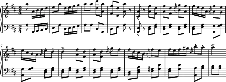 \relative c' {
  \new PianoStaff <<
   \new Staff { \key b \minor \time 2/4 \partial 4.
    a''8 a,16 b cis d e8 a d,16 e fis g a8 a <d d,> <a a,> <fis fis,> <d d,> <a' a,> r <a, cis,>-^ r <fis' a,>8 <d fis,> <fis a,> <d fis,> \slashedGrace d( <g b,>) <fis a,> fis16 e d a \slashedGrace a( <fis' a,>8) <e g,> e16 cis b a \slashedGrace a e'8-. d-. d4-> <fis a,>8 <d fis,> <fis a,> <d fis,> \slashedGrace d8( g) fis fis16 d cis b \slashedGrace b8( fis') e fis16 e fis gis \slashedGrace cis, b'8-. a-. a4->
   }
   \new Staff { \key b \minor \time 2/4 \clef bass
    a,,8 a,16 b cis d e8 a d,16 e fis g a8 a d,8 a d fis a r <a, e'>-^ r <d fis>8 <fis a> <d fis> <fis a> <d fis> <fis a> <d fis> <fis a> <g a,>8 <g a> <g a,> <g a> <d fis> <fis a> <d fis> <fis a> <d fis> <fis a> <d fis> <fis a> <d fis> <fis a> <d b> <d fis b> <e gis>8 <gis d'> <e g> <g d'> <a, a'> <a' cis> <a cis> <a cis>
   }
  >>
 }