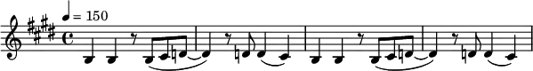 
  \relative c {
  \key e \major
  \tempo 4 = 150
b'4 b4 r8 b8( cis8 d8~ | d4) r8 d8 d4 (cis4) |
b4 b4 r8 b8( cis8 d8~ | d4) r8 d8 d4 (cis4) |
}
