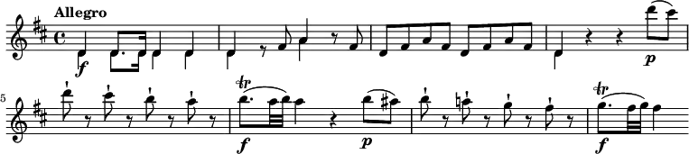 
\relative c' {
     \version "2.18.2"
     \key d \major
     \time 4/4
     \tempo "Allegro"
     \tempo 4 = 130
  <<{\stemDown d4\f  d8. d16 d4 d d s8 s8 a'4} \\ {\stemUp d,4 d8. d16 d4 d d r8 fis a4}>>
  r8 fis d fis a fis d fis a fis <<{\stemDown d4} \\ {\stemUp d4}>>
  r4 r d''8\p (cis) d-! r cis-! r b-! r a-! r
  b8.\trill \f (a32 b) a4 r b8\p (ais)
  b-! r a!-! r g-! r fis-! r
  g8.\trill \f (fis32 g) fis4
}
