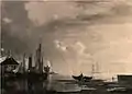 Hamburger Hafen,links das ehemalige Blockhaus, 1839