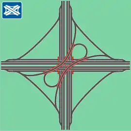 Mischform aus Kleeblatt und Malteserkreuz, zu finden etwa am Schönefelder Kreuz