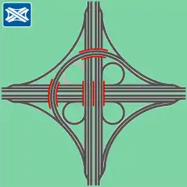 Kleeblatt mit mehrspuriger halbdirekter Rampe (z. B. Alzey, nachgerüstet u. a. in Kamen und Stuttgart)