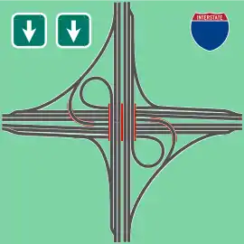 Autobahnkreuz MischbauformKleeblatt-Windmühle mit verkürzten, linksseitig mündenden Rampen