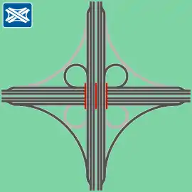 Durchgeführtes halbes Kleeblatt: ein unvollständiges Kreuz mit nur vier Rampen (angewandt am Autobahndreieck Darmstadt)