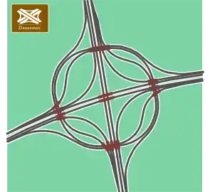 Turbine mit innenliegenden direkten Rampen.Autobahnkreuz Daussoulx bei Namur in Belgien. Die Durchfahrt für indirekte Linksabbieger liegt bei rund einer Minute.