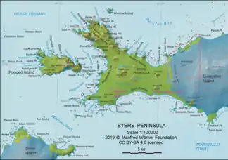 Karte der Byers-Halbinsel (Livingston-Insel) mit der Shishtov Cove