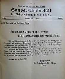 Sonder-Amtsblatt der Reichsbahndirektion Mainz zum Ende der Rheinlandbesetzung 1930