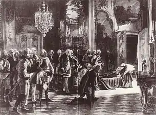 Generalleutnant von Prittwitz (unter Kronleuchter) am Totenbett Friedrichs des Großen (Lithografie von Georg Schöbel)