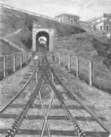 Obere Abtsche Weiche in der Ausweichstelle der Standseilbahn Lugano/Zentrum – Bahnhof  (mittig:  ursprüngliche Brems-Zahnstange)